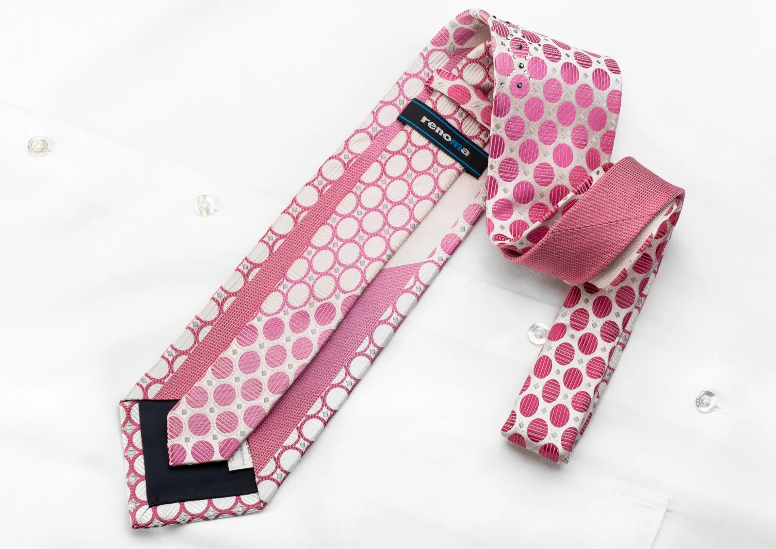 Renoma Men's Crystal Rhinestone Silk Necktie Pink Circles On White With Silver Sparkles