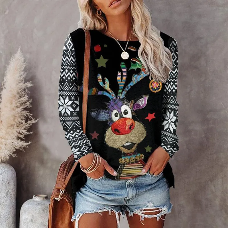 Round neck flower deer Christmas tree print casual long-sleeved t-shirt