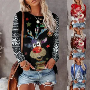 Round neck flower deer Christmas tree print casual long-sleeved t-shirt