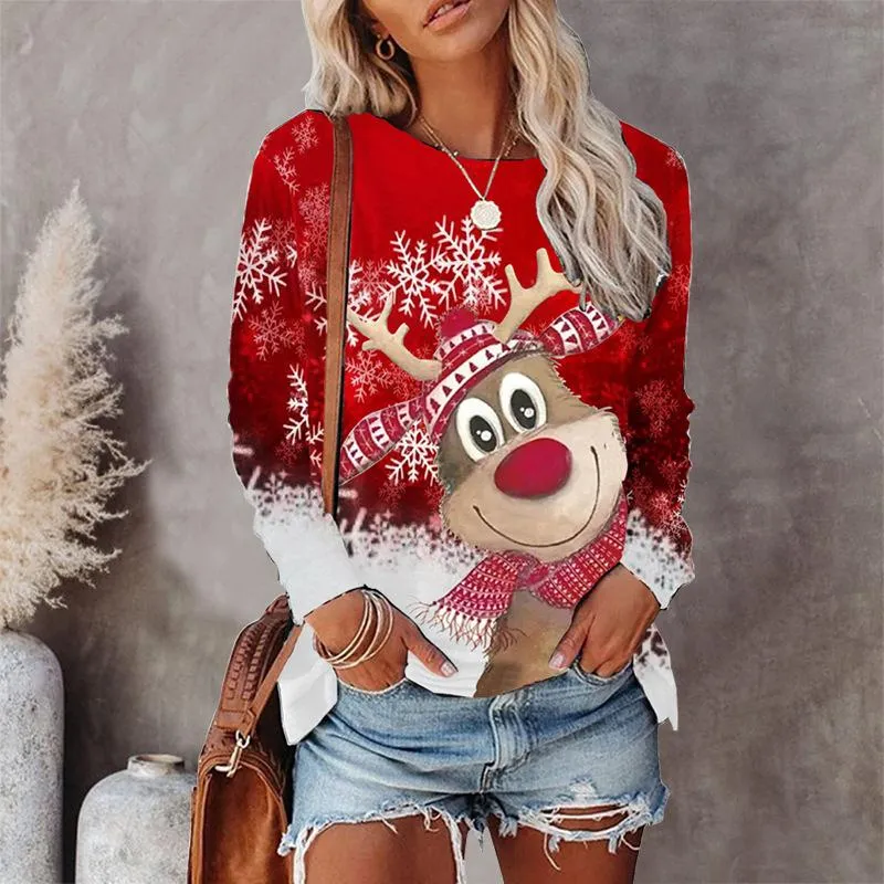 Round neck flower deer Christmas tree print casual long-sleeved t-shirt