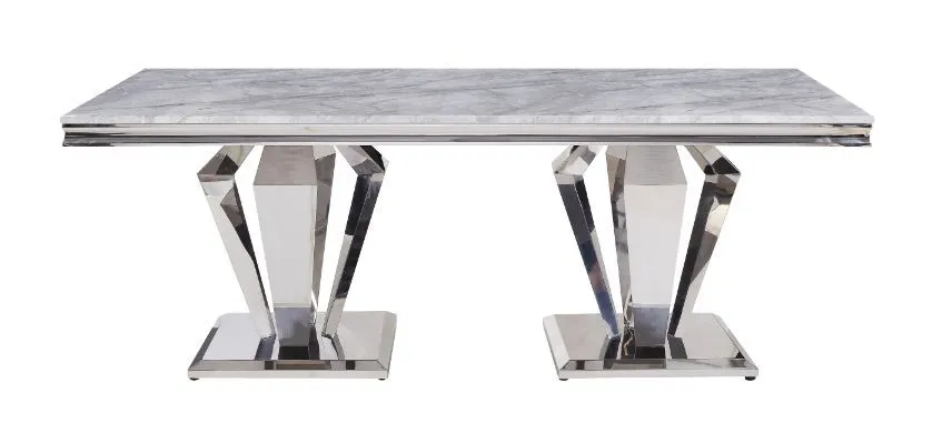 Satinka - Dining Table - Light Gray Printed Faux Marble & Mirrored Silver Finish