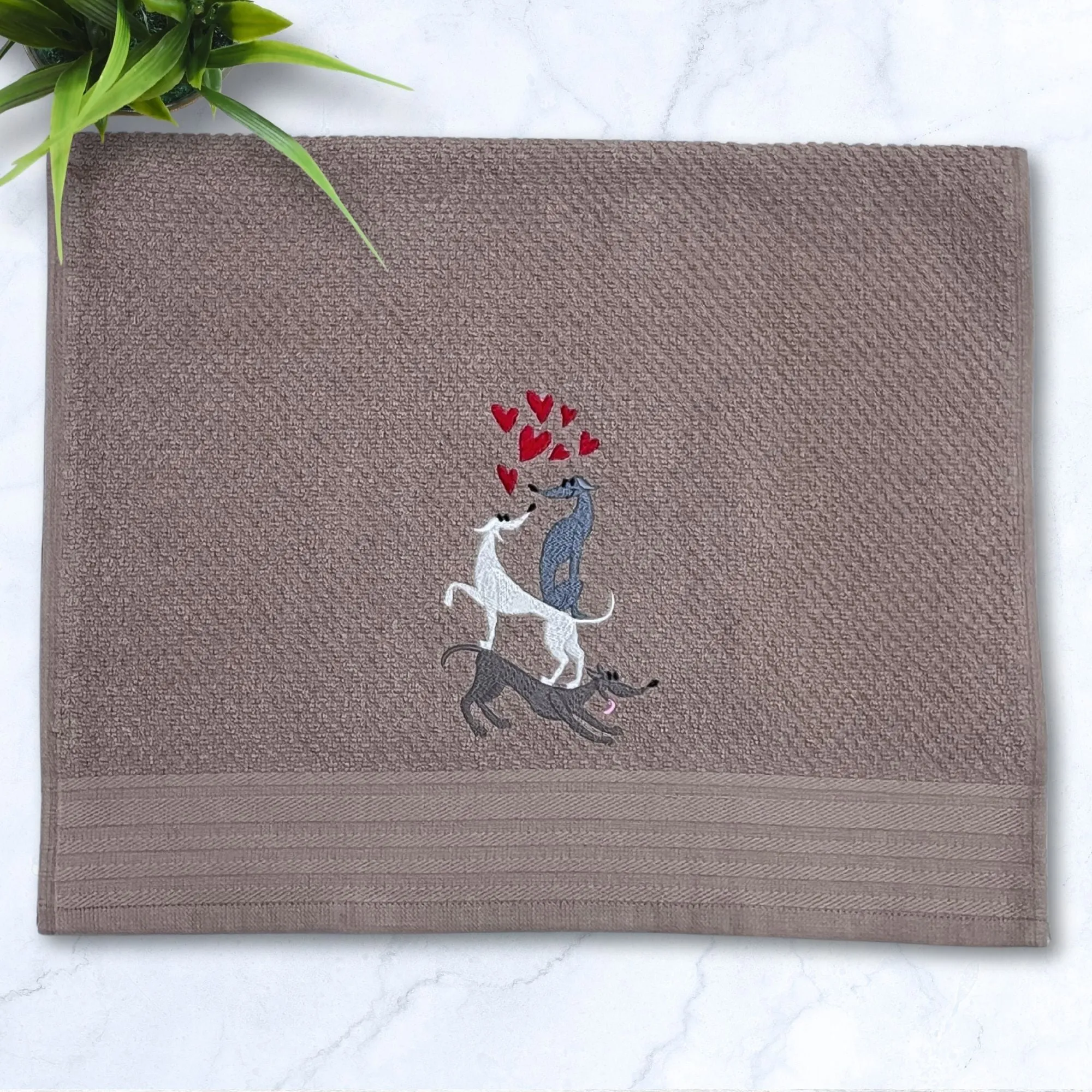 Stacked Hounds with Hearts Italian Greyhound Whippet Tan Kitchen Hand Towel