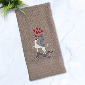 Stacked Hounds with Hearts Italian Greyhound Whippet Tan Kitchen Hand Towel