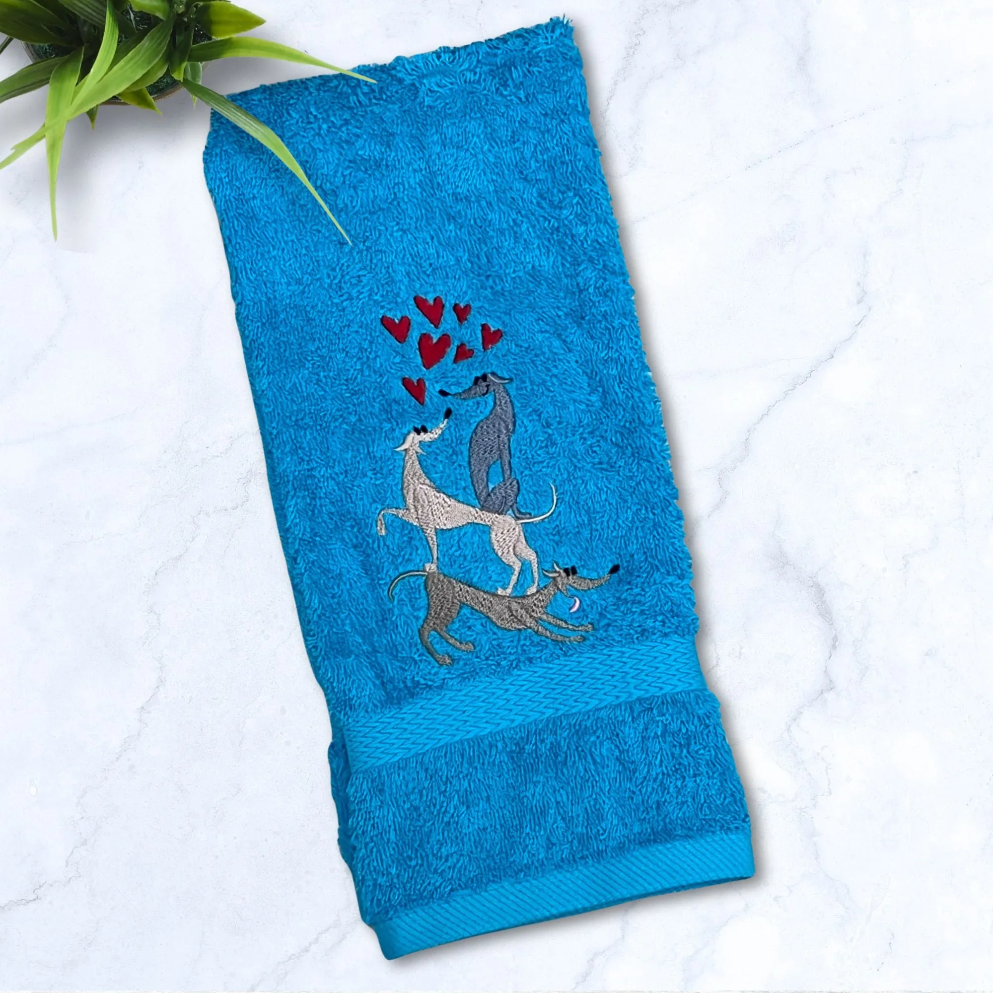 Stacked Hounds With Hearts Italian Greyhound Whippet Turquoise Hand Towel