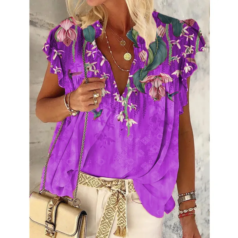 Summer V-neck printed short-sleeved T-shirt plus size top