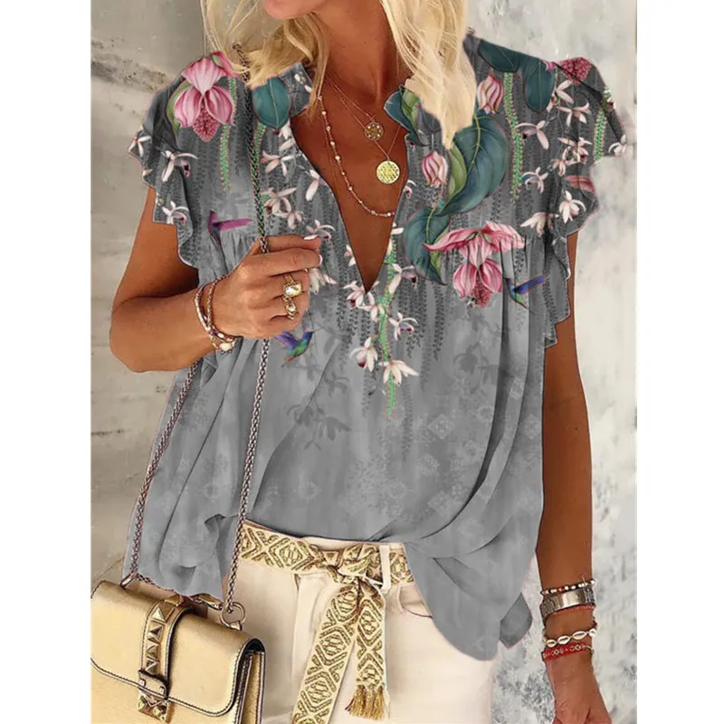 Summer V-neck printed short-sleeved T-shirt plus size top