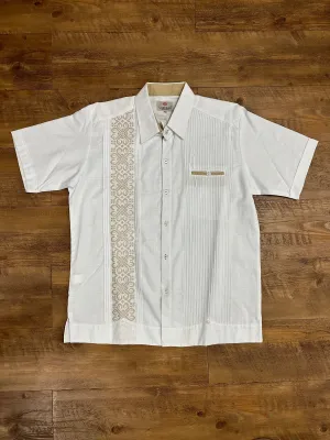 White Linen Guayabera with Cream Embroidery Short Sleeve