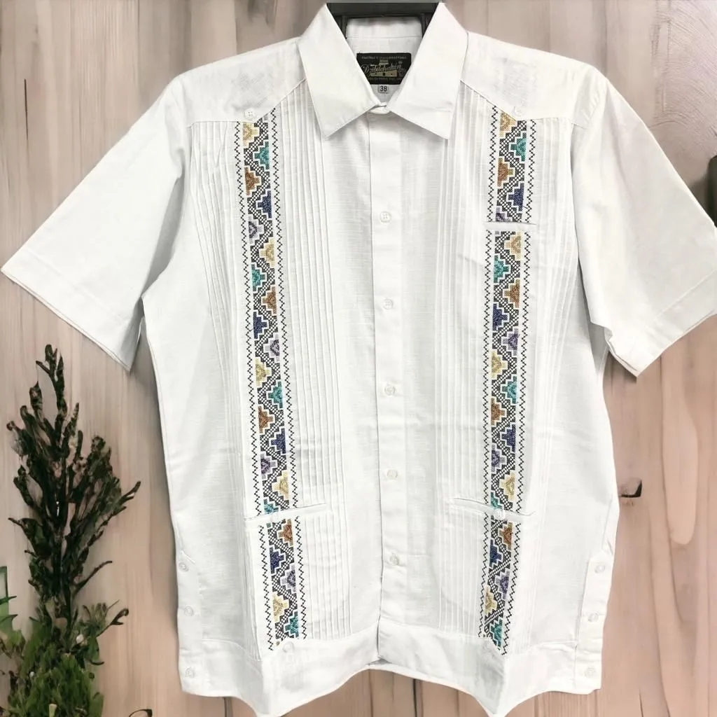 White Linen Guayabera with Multicolor Embroidery Short Sleeve