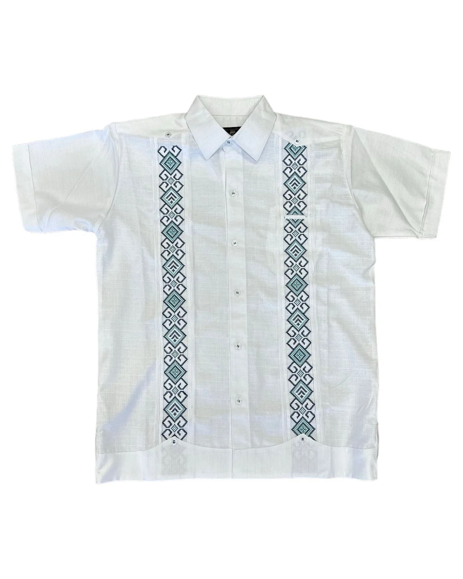 White Linen Guayabera with Teal Embroidery Short Sleeve