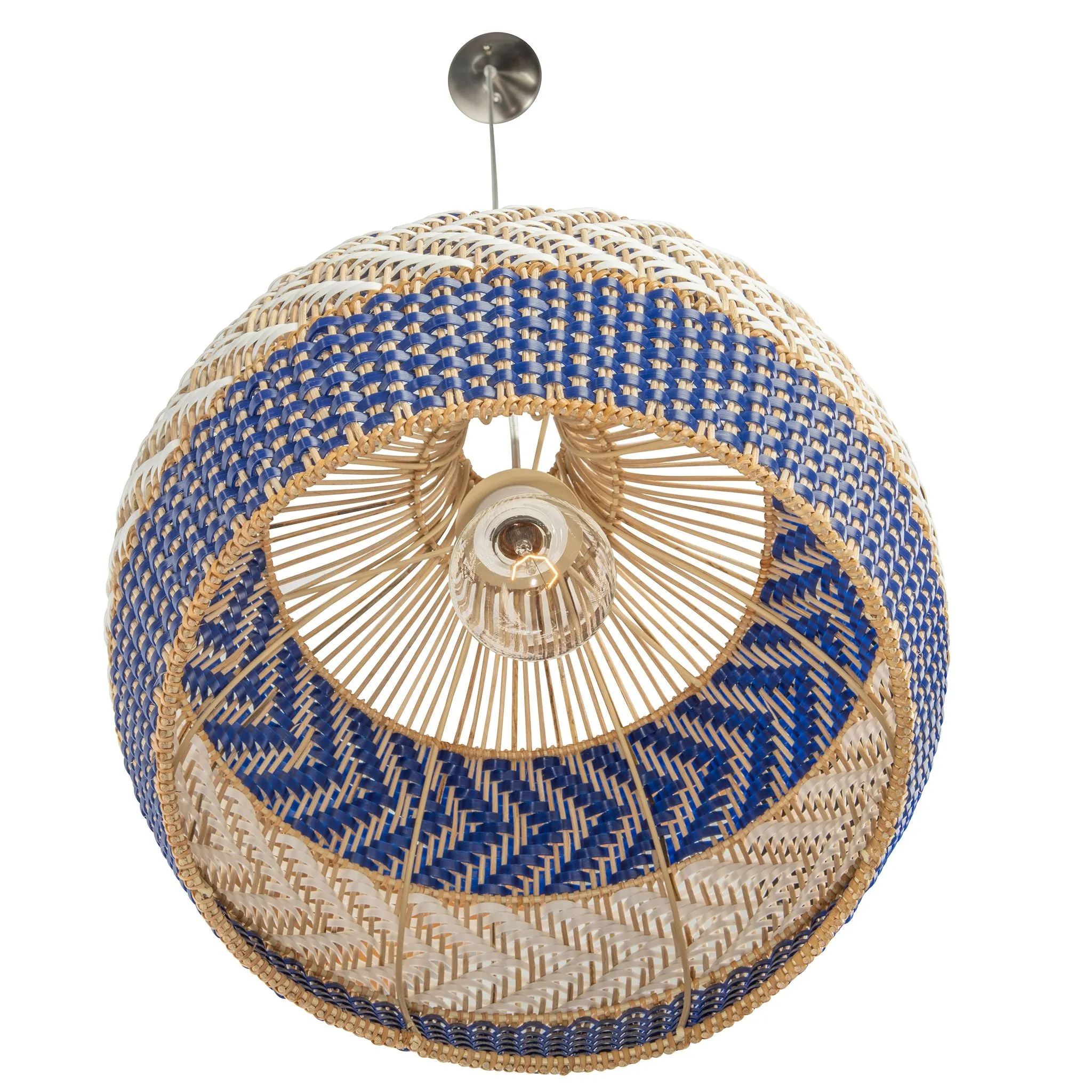 Wicker and Polyrattan Pear Shaped Arrow Pendant Lamp, White & Navy Blue, Diam 18 Inches