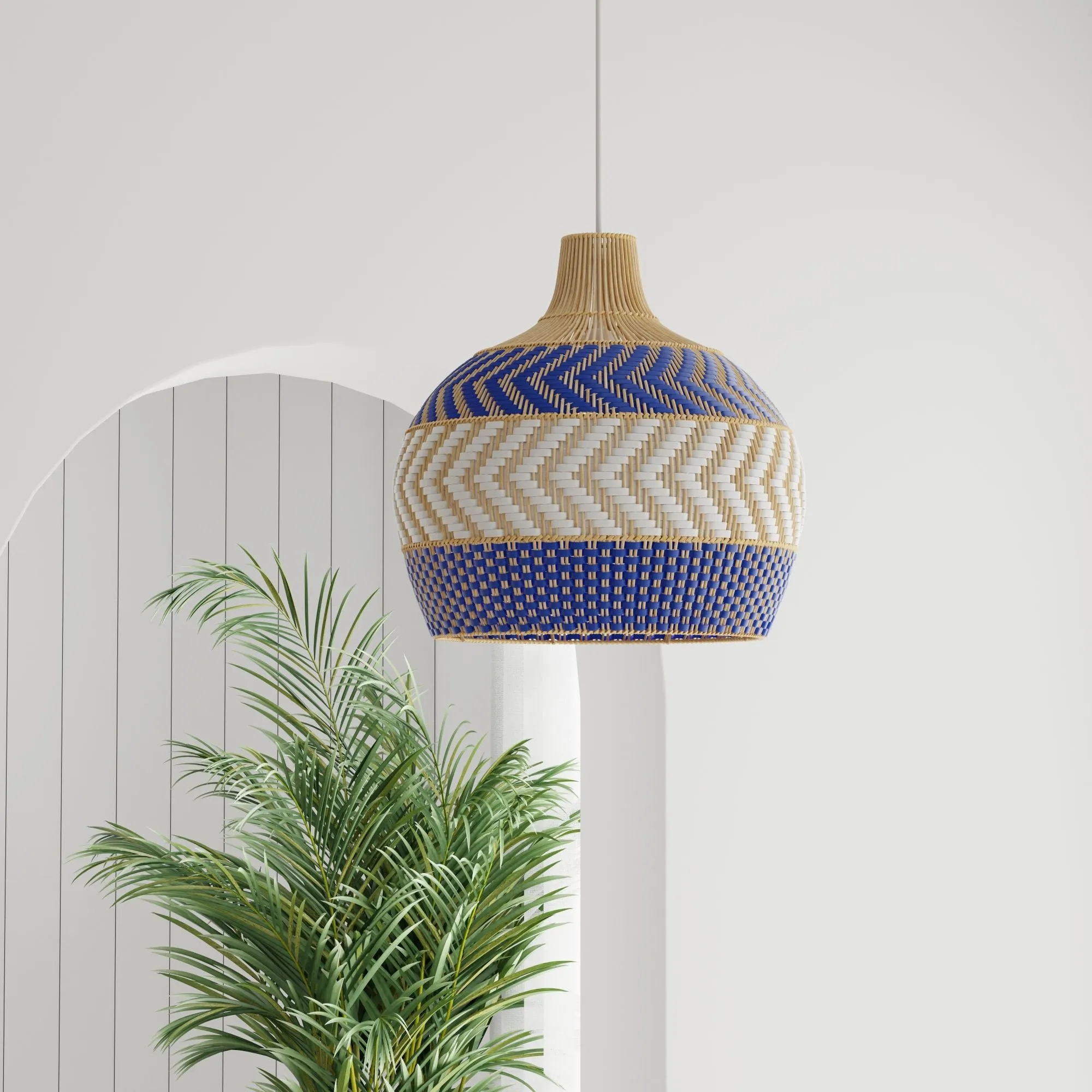 Wicker and Polyrattan Pear Shaped Arrow Pendant Lamp, White & Navy Blue, Diam 18 Inches