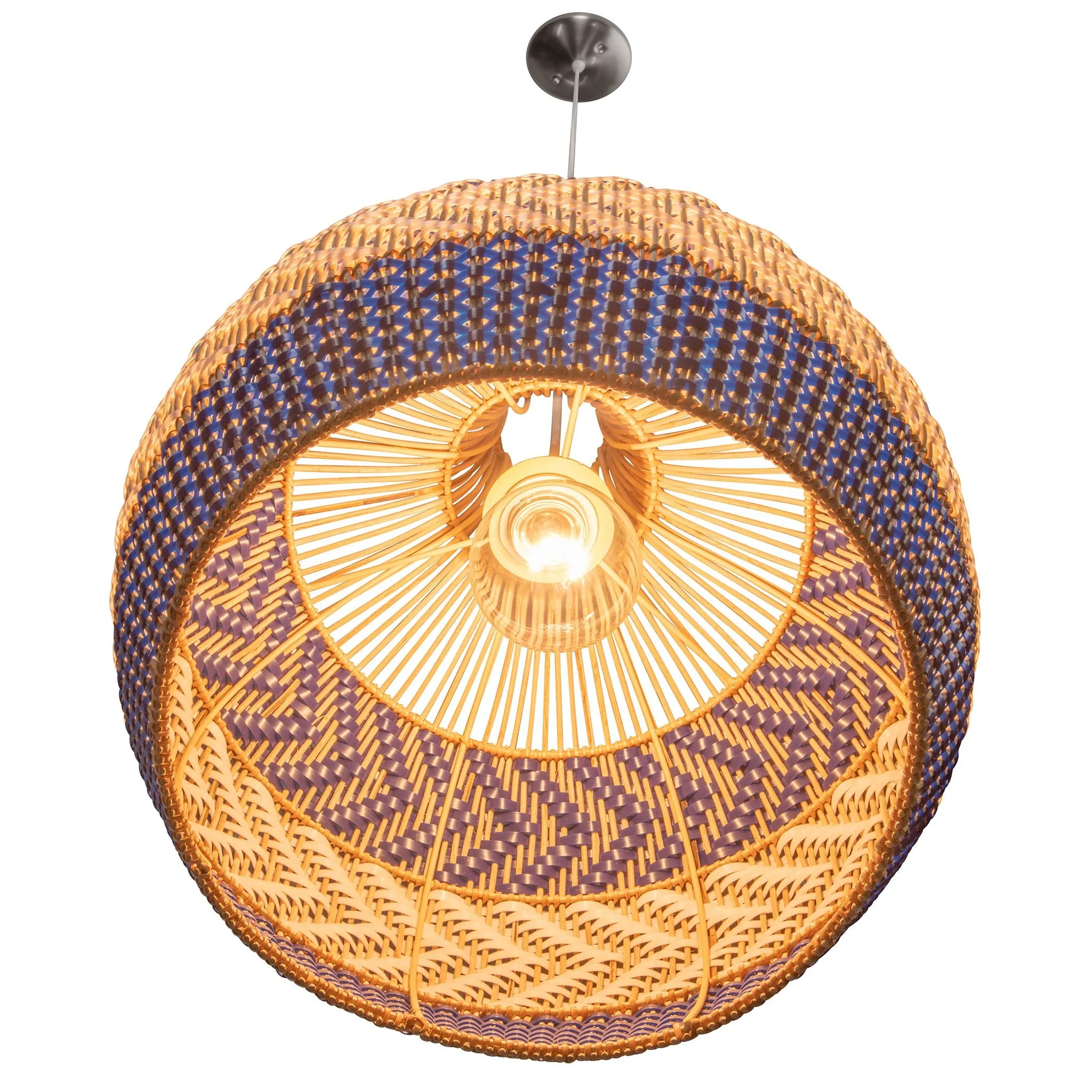 Wicker and Polyrattan Pear Shaped Arrow Pendant Lamp, White & Navy Blue, Diam 18 Inches