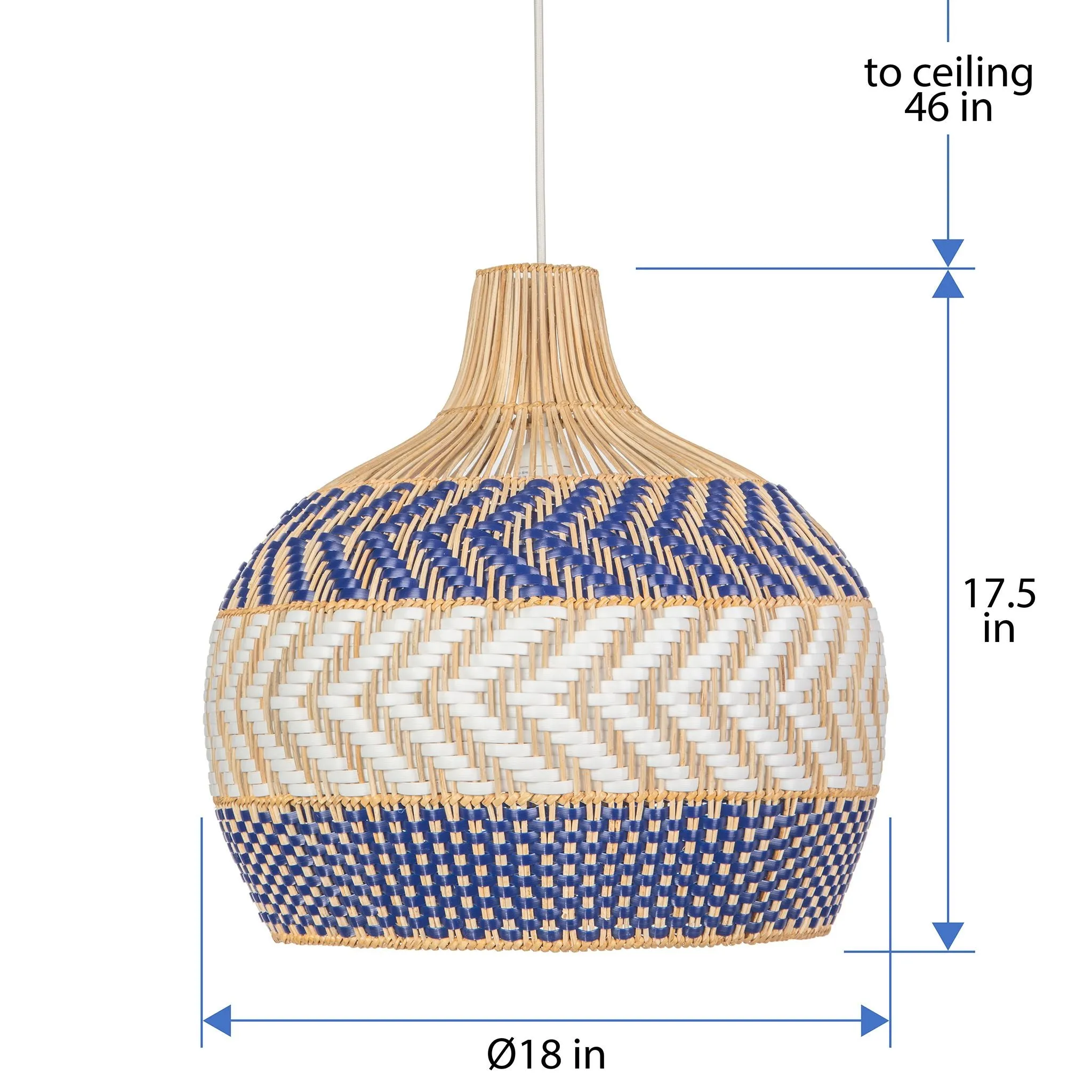 Wicker and Polyrattan Pear Shaped Arrow Pendant Lamp, White & Navy Blue, Diam 18 Inches