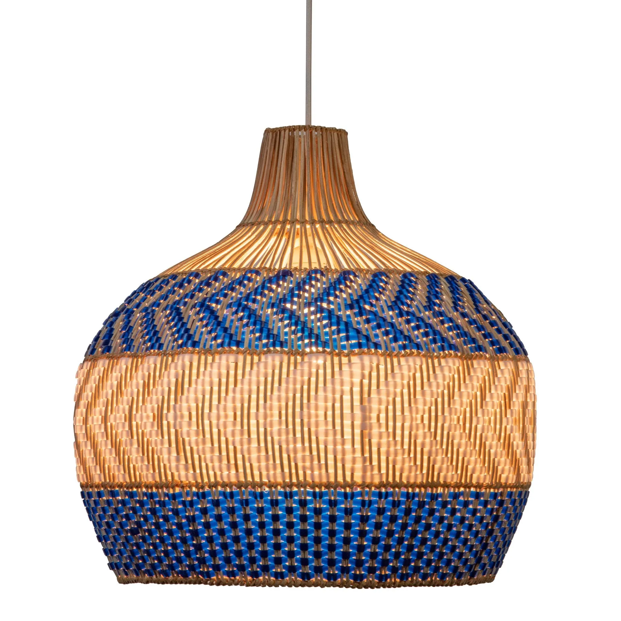 Wicker and Polyrattan Pear Shaped Arrow Pendant Lamp, White & Navy Blue, Diam 18 Inches