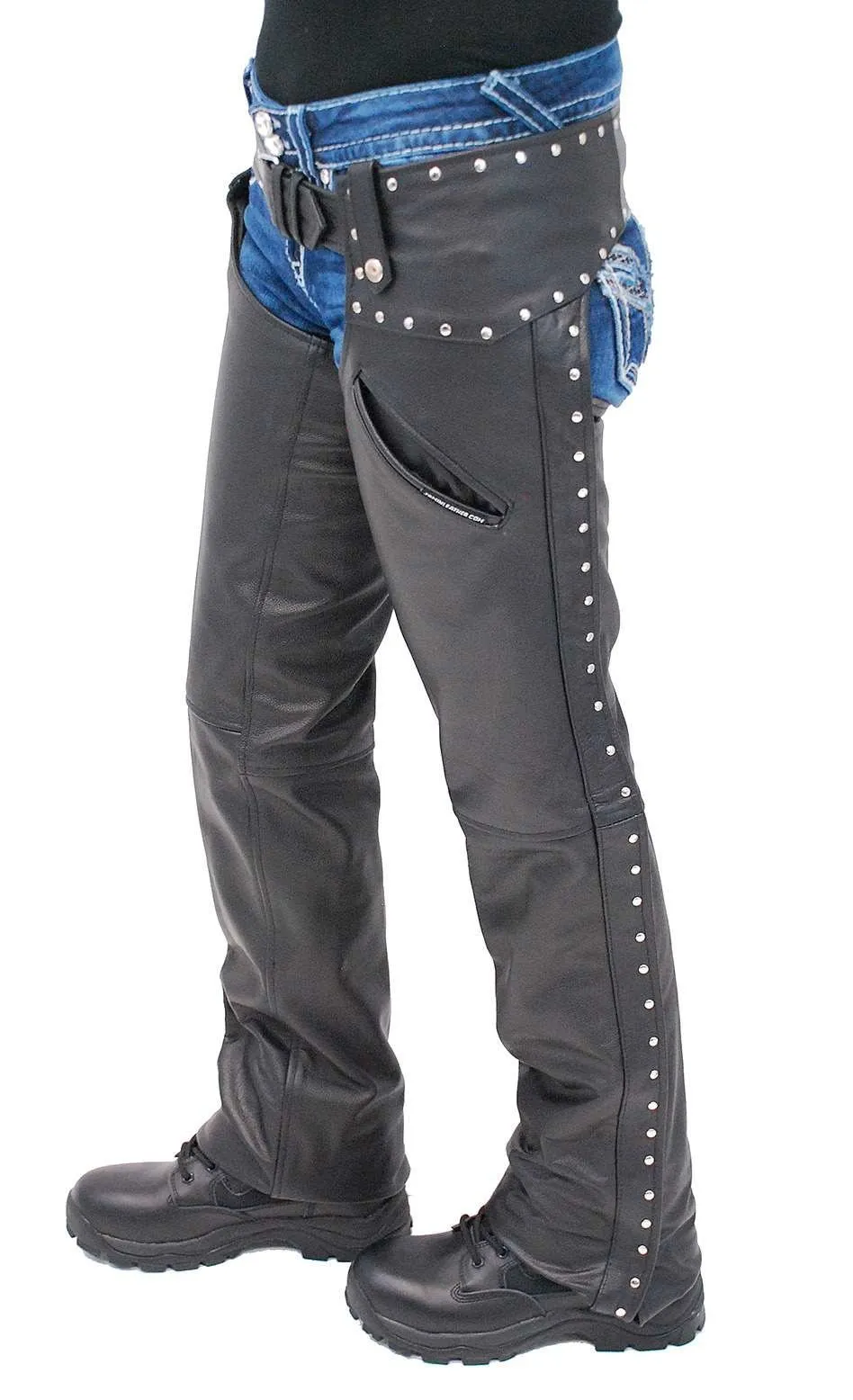 Women's Low Rise Premium Leather Studded Pocket Chaps #CL2801PR