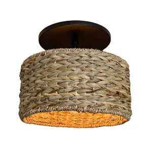 Woven Seagrass Drum w/Matte Black Instant Semi Flush Recessed Conversion Kit