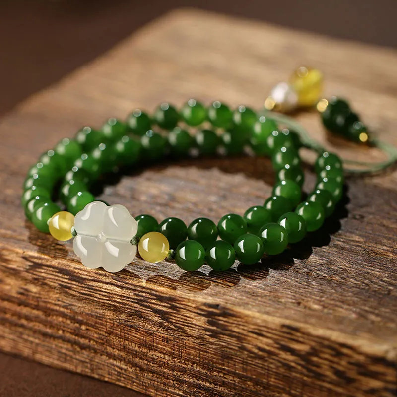 Xinjiang Hetian Jade Bracelet Adorned with a Four Leaf Clover Green Jade Biyu Bracelet