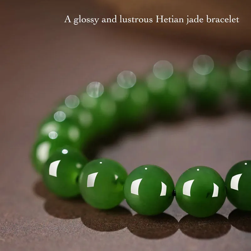 Xinjiang Hetian Jade Bracelet Adorned with a Four Leaf Clover Green Jade Biyu Bracelet